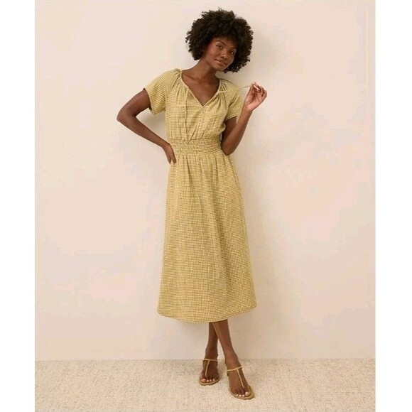 Pact Dresses & Skirts - Pact Gingham Midi Dress Sz M Coastal Double Gauze Boho Olive Green Gold Cotton